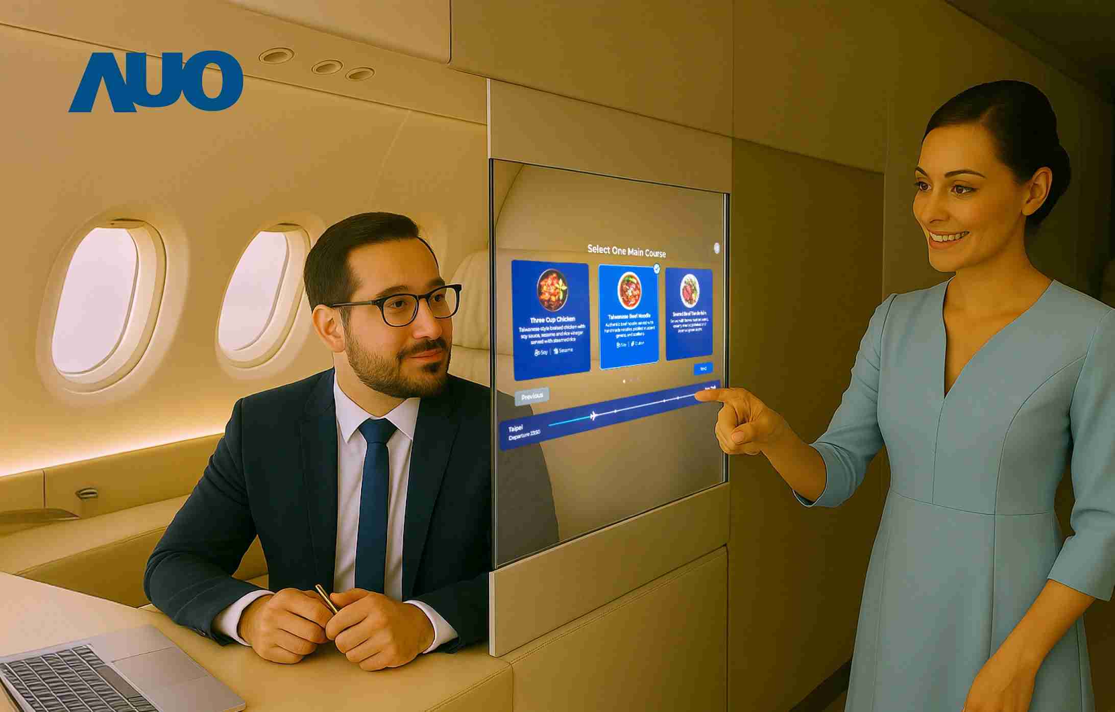 巨星国际研发全球最薄17.3 吋双面透明 Micro LED 显示器，，，，可在同一屏幕之双边投射不同信息，，创造独特的”透明化”互动；图为实时翻译交流应用情境